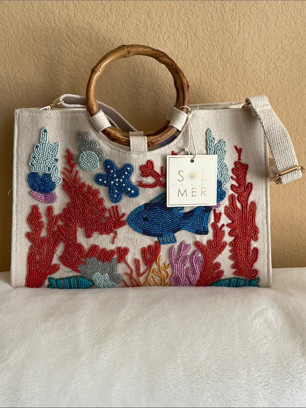 Sol Mer Beaded Canvas Tote Bamboo Handles Fish Beach NEW